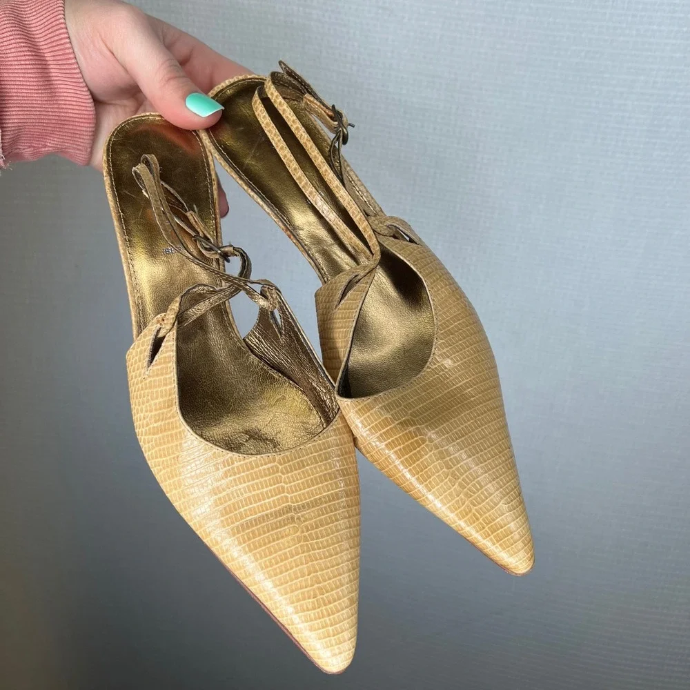 Pancaldi Tan Lizard Embossed Leather Slingback Kitten Heels Made in Italy 37 - Picture 2 of 7